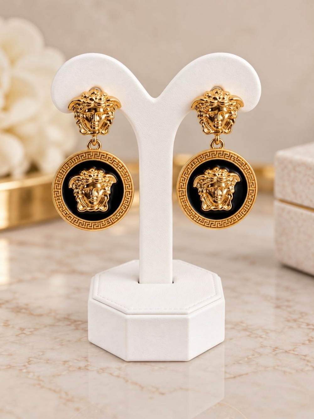 Gold Black Medusa Greek Key Medallion Drop Statement Earrings